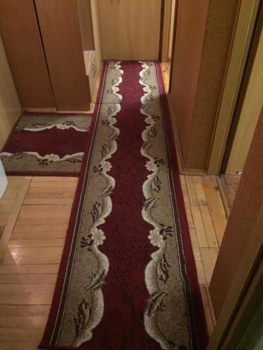 a hallway with a red rug on the floor at Бюджетные Комнаты посуточно 5мин McDonalds WI-FI 15мин до центра города in Ternopilʼ