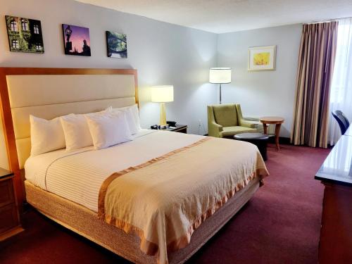 a hotel room with a bed and a chair at Bangor Grande Hotel in Bangor