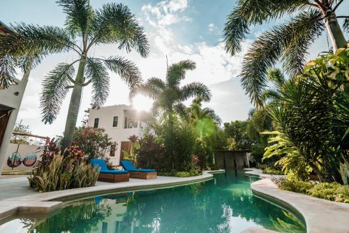 una piscina en un patio con palmeras en Blue Palm Bacalar en Bacalar