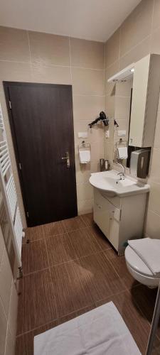 a bathroom with a toilet and a sink and a mirror at Elite Pension in Štúrovo
