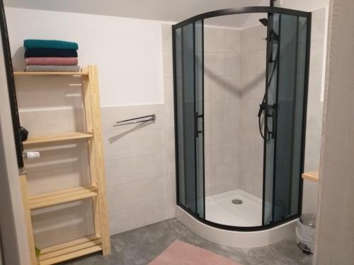 W łazience znajduje się prysznic ze szklanymi drzwiami. w obiekcie Dom z widokiem w Smołdzinie