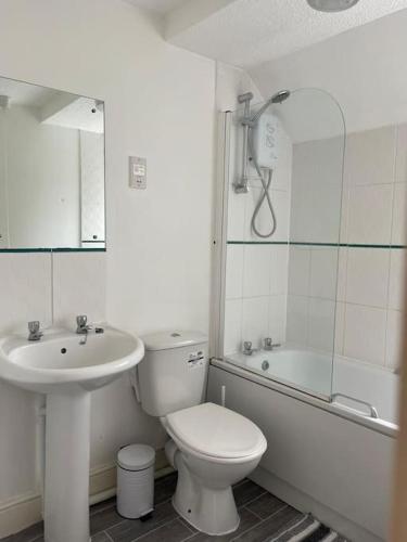 a bathroom with a toilet and a sink and a shower at Swindon City Center 2bed apartment with Parking and WiFi in Swindon