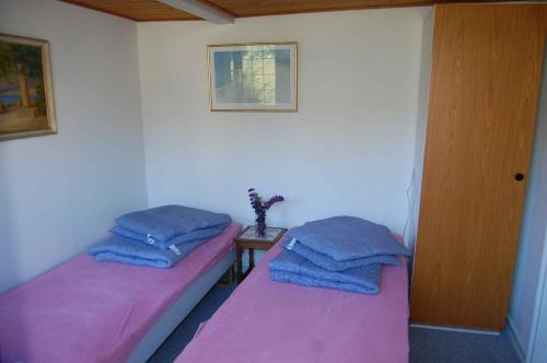 2 camas en una habitación con almohadas rosas y azules en Ferielejlighed B, en Allinge