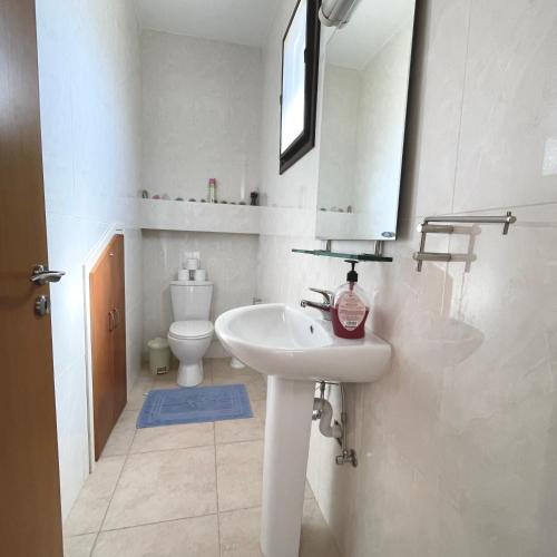 a white bathroom with a sink and a toilet at Pervolina countryside by the sea in Pervolia
