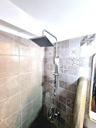 a shower with a shower head in a bathroom at Joannes Vacation Rooms in Adamas