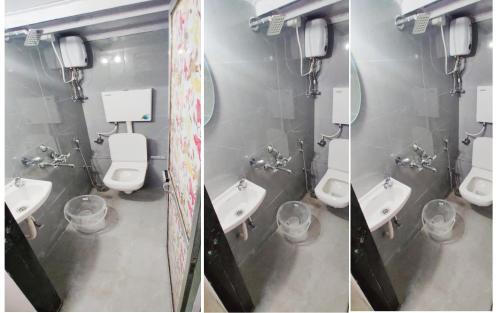 two pictures of a bathroom with three sinks and toilets at Royal Cabin Stay in Mumbai