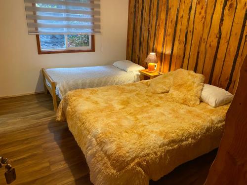 a bedroom with two beds and a window at Ruka Pucón Hostel in Pucón