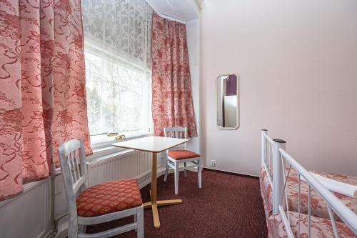 布拉格的住宿－Historic Villa "Imperia"，客房设有桌子、两把椅子和窗户。