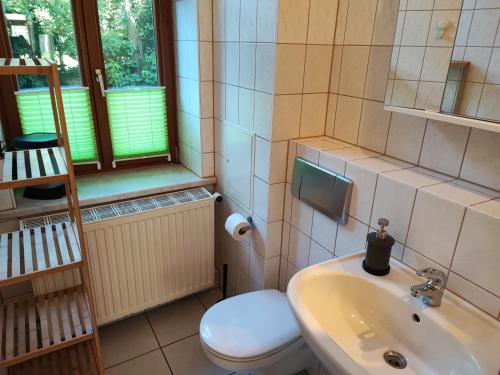 ライプツィヒにあるThe Queens quarterのバスルーム(洗面台、トイレ付)、窓が備わります。
