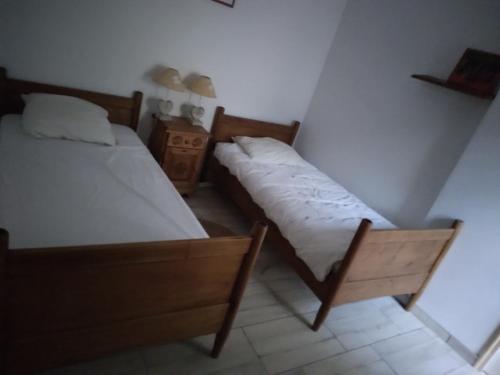 1 dormitorio con 2 camas y mesita de noche en Sandrine en La Ferté-Saint-Aubin