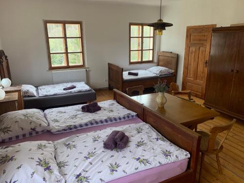 Habitación con 3 camas, mesa y ventanas. en Dvorek na správném místě - Salajna 17 en Dolní Žandov