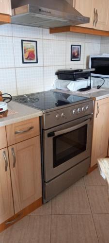 a kitchen with a stove top oven in a kitchen at Chrisa apartament in Metogjashta