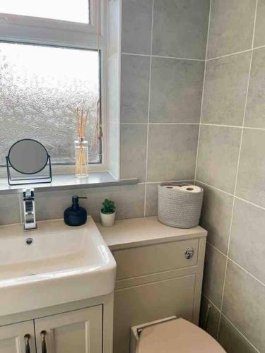 a bathroom with a toilet and a sink and a window at Modern Coastal 2 Bedroom Home to Relax and Unwind in Heacham
