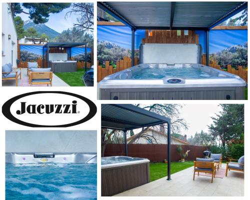 un collage de photos avec un bain à remous dans un jardin dans l'établissement VILLA - SPA JACUZZI - TERRASSES - CLIM & BBQ - La Valette-du-Var, à La Valette-du-Var