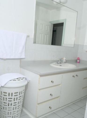 a white bathroom with a sink and a mirror at Raised bungalo in Toronto