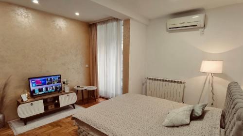 a bedroom with a bed and a flat screen tv at Apartman Puket in Kraljevo
