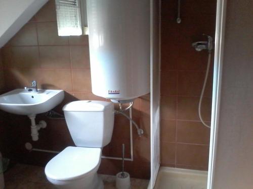 a bathroom with a toilet and a sink at Hostinec Banik in ľubeľa