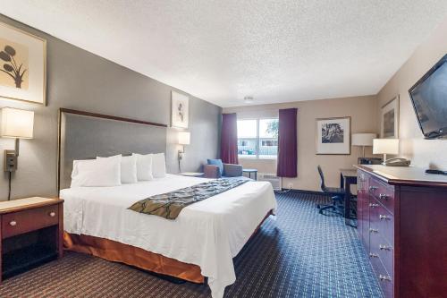 a hotel room with a bed and a flat screen tv at Heritage Inn Express Hayward in Hayward