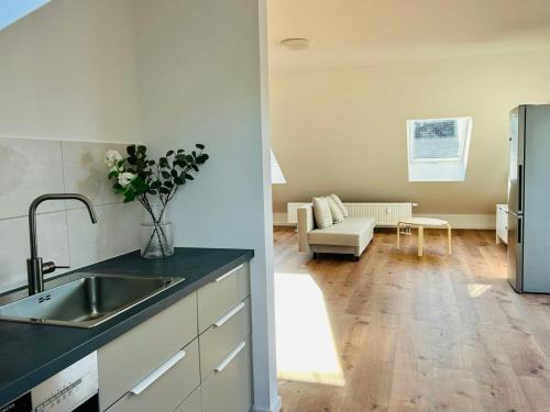 eine Küche mit einem Waschbecken und ein Wohnzimmer in der Unterkunft Ruheoase - Premium Suite in Karlsruhe
