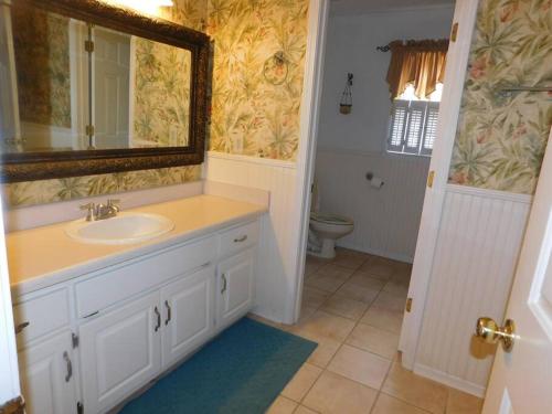 y baño con lavabo, espejo y aseo. en Stone Mountain Cozy Home, en Snellville