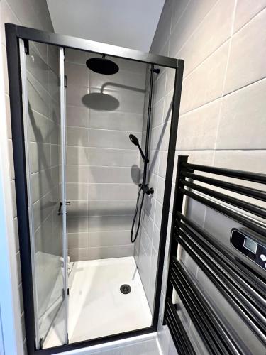 une douche avec une porte vitrée dans une salle de bain dans l'établissement Le gîte du bonheur, à Bagnères-de-Bigorre