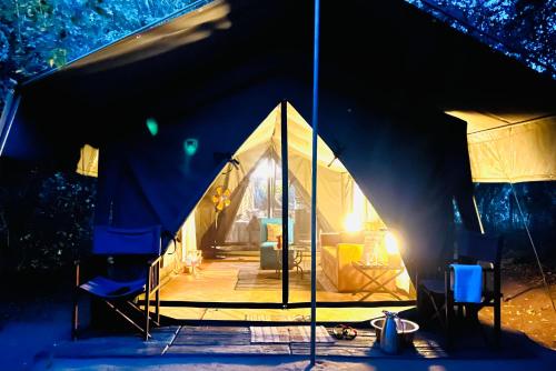 a tent is lit up at night at Mahoora Yala - by Eco Team in Yala