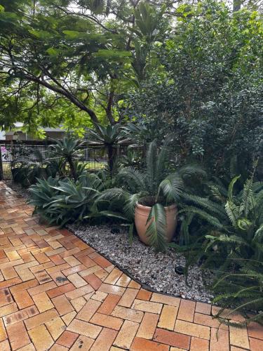 a garden with potted plants and a brick pathway at Luxury Boutique Self-Contained Private Granny Flat in Ormeau