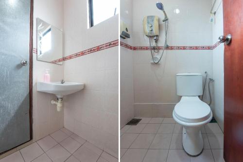 Duas fotografias de uma casa de banho com WC e lavatório. em MORTEN VILLA MELAKA em Malaca