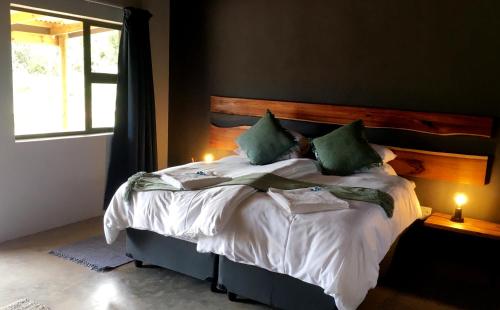 a bedroom with a bed with green pillows and a window at Klein Karoo Game Lodge in Oudtshoorn