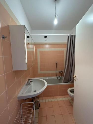 y baño con lavabo, ducha y aseo. en Monolocale con vista lago en Campione dʼItalia