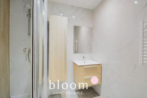 ein weißes Bad mit einem Waschbecken und einer Dusche in der Unterkunft Nancy Pépinière : Maison Neuve 6 voyageurs in Nancy