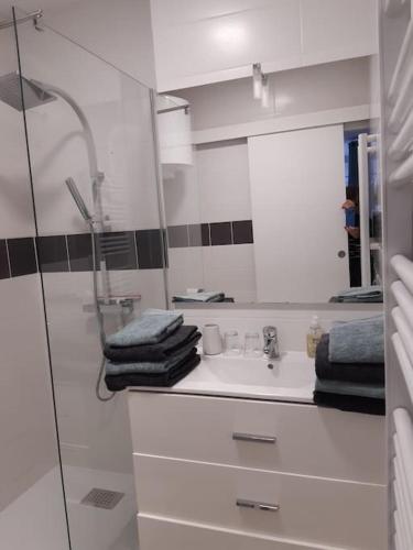une salle de bain blanche avec un lavabo et une douche dans l'établissement Grand studio avec patio, à Marseille