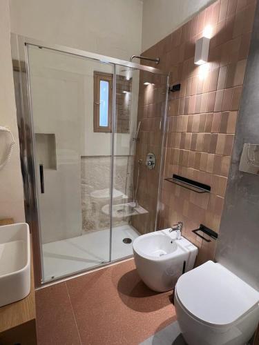 a bathroom with a shower and a toilet and a sink at Egusa73 Favignana in Favignana
