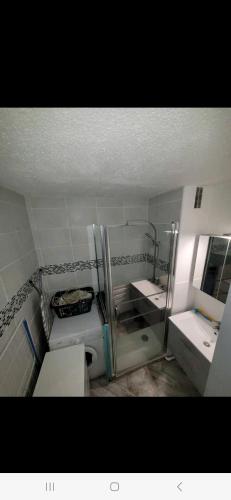 Cette petite chambre comprend une salle de bains pourvue de toilettes. dans l'établissement appartement 6p rez-de-jardin clim accés mer direct, au Barcarès