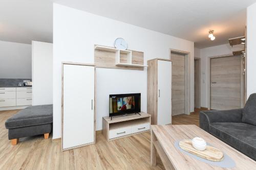ein Wohnzimmer mit einem Sofa und einem TV in der Unterkunft Ferienwohnungen im Haus Deichnest in Bensersiel
