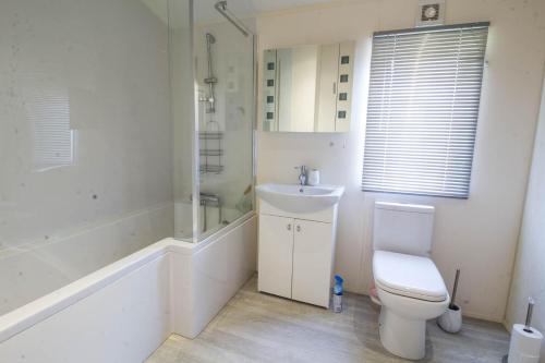 a bathroom with a toilet and a sink and a shower at Luxury 6 Berth Lodge With Wifi At Broadland Sands In Suffolk Ref 20011cv in Hopton on Sea