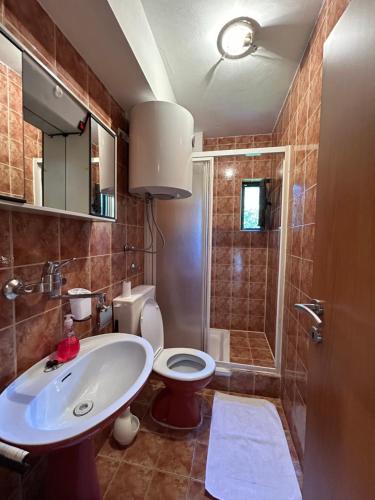 a bathroom with a sink and a toilet and a shower at Studio on the coast, with a view of the sunrise,free we-fi in Kotor