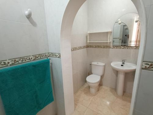La salle de bains est pourvue de toilettes, d'un lavabo et d'un miroir. dans l'établissement Villa Noemi, con piscina privada, à Calp