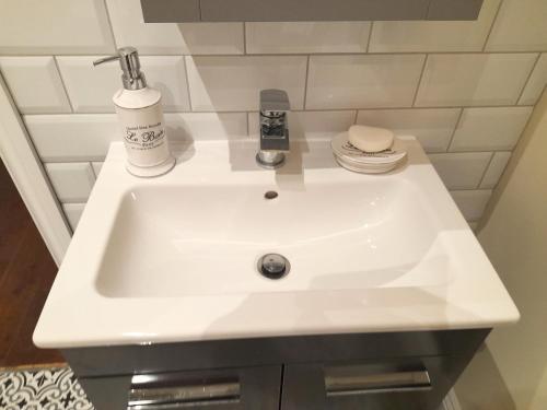 un lavandino bianco con dispenser di sapone in bagno di Kirkcudbright Holiday Apartments - Apartment C a Kirkcudbright