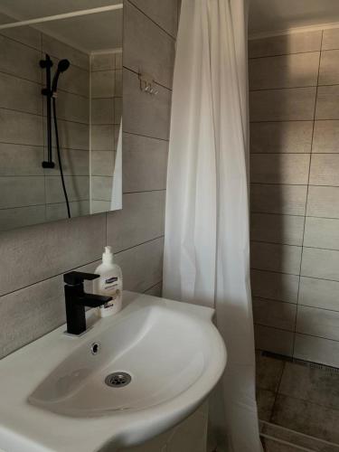 a bathroom with a sink and a shower curtain at Casa Dumitru in 2 Mai