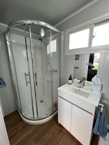 a bathroom with a shower and a sink at Raglan Seaview Cabin in Raglan