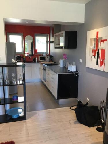 une cuisine avec des armoires blanches et un comptoir noir dans l'établissement Maison 6/8pers en Bourgogne, à Mâcon