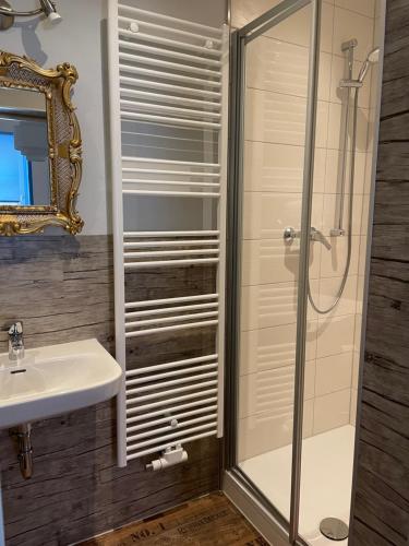 a bathroom with a shower and a sink at Hotel Schwarzer Adler in Heilbad Heiligenstadt