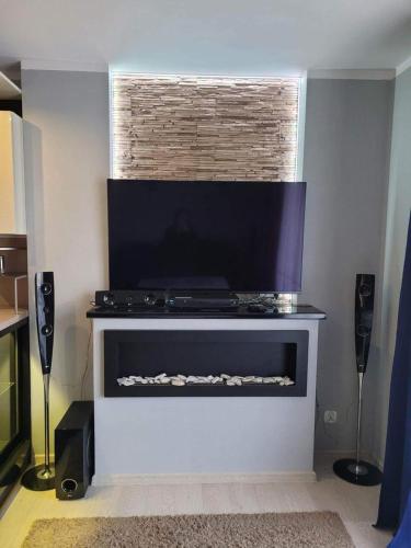a living room with a fireplace with a flat screen tv at Bolszewo Parkowa in Bolszewo