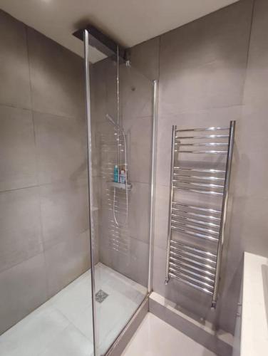 une douche avec une porte vitrée dans une salle de bain dans l'établissement Air conditioning Paris central stylish apartment, à Paris