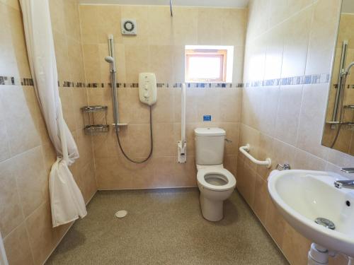 a bathroom with a shower and a toilet and a sink at The Stables in Louth