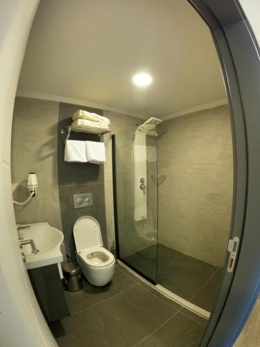 a bathroom with a toilet and a glass shower at avsa extra vagant hotel in Avşa Adası