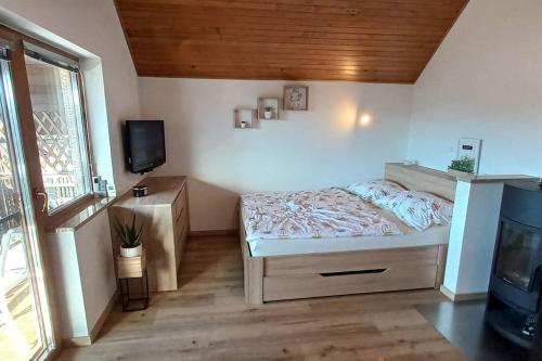 1 dormitorio con 1 cama y TV. en Cottage near river Kolpa, vineyards,top location., en Adlešiči