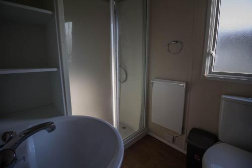 a bathroom with a shower and a sink and a toilet at 8 Berth Caravan With Decking At Caister Beach In Norfolk Ref 30016s in Great Yarmouth