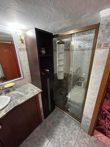 a bathroom with a shower and a sink at Skytrack SA in Thessaloniki